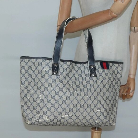 GUCCI GG Supreme Sherry Line Tote Bag PVC Navy Silver 211134 Auth bs27569 - Picture 3 of 16